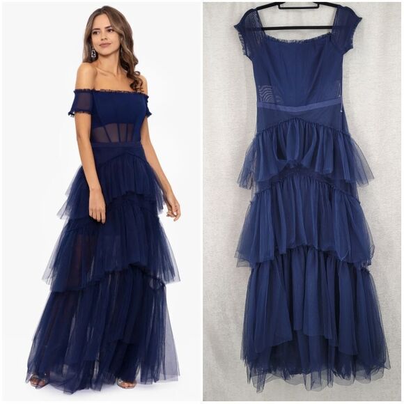 Betsy & Adam Navy Blue Off-Shoulder Formal See Through Corset Prom Dress - Picture 1 of 16